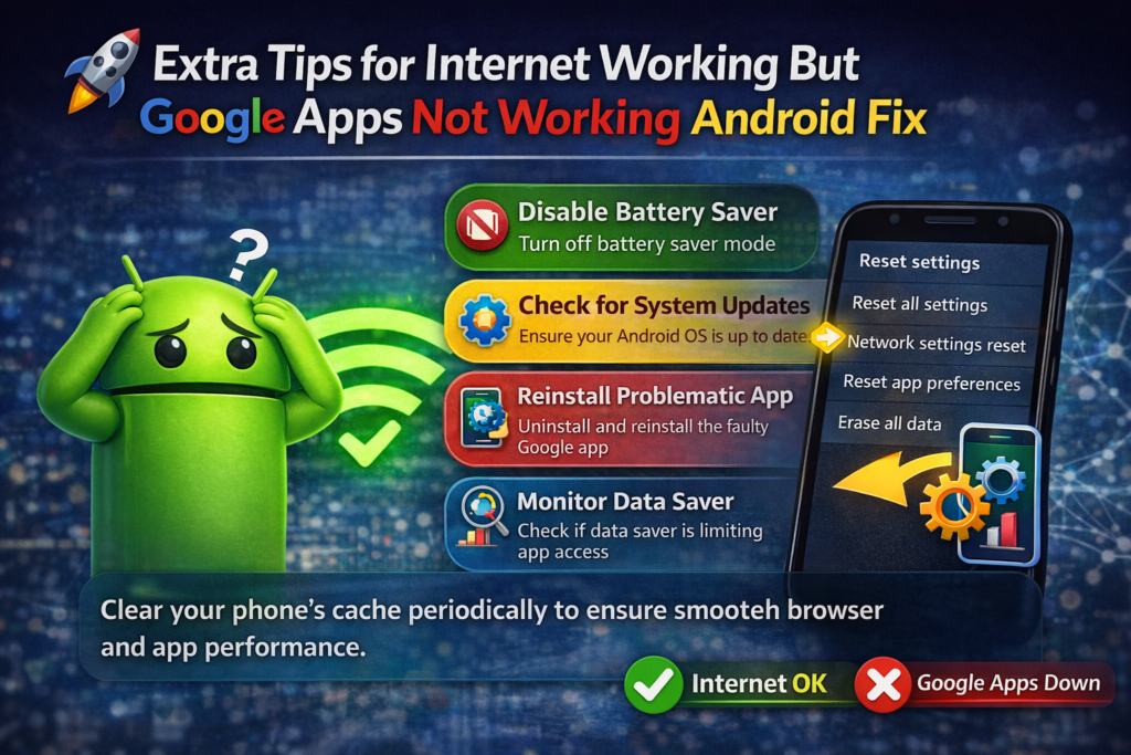 Extra tips for internet working but Google apps not working Android fix showing battery saver off, update system, reinstall app and data saver check