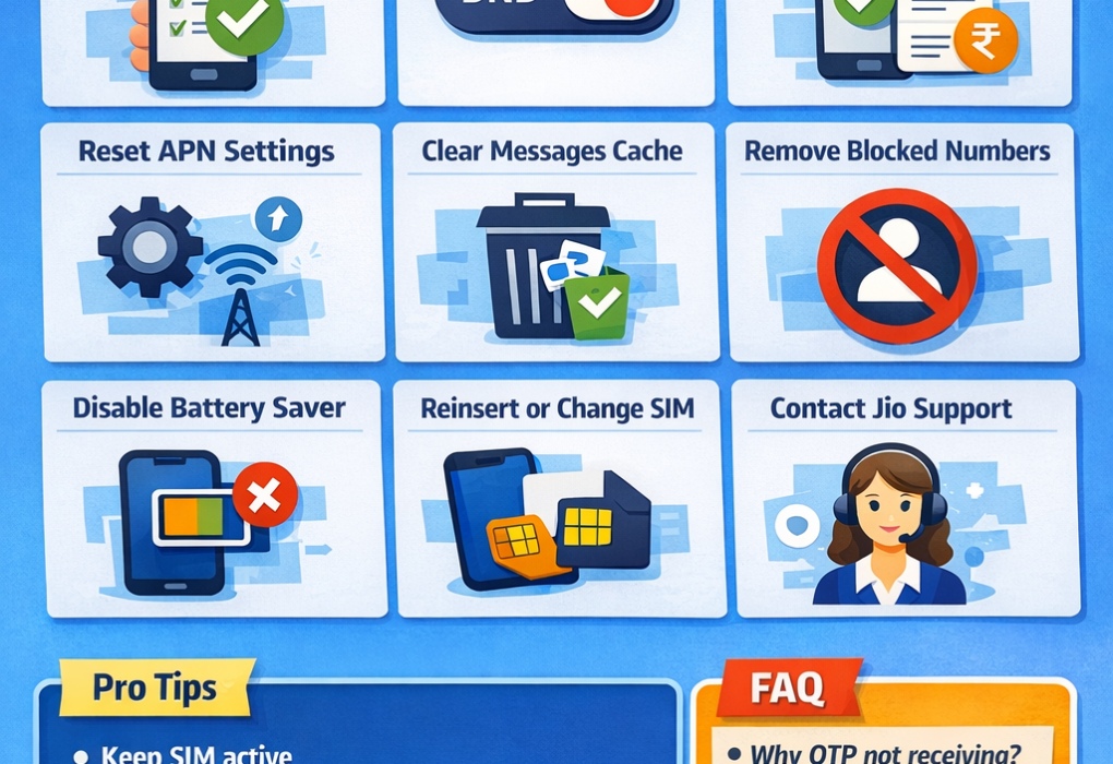 👉 OTP not receiving in Jio SIM on Android fix without reset 2026 infographic