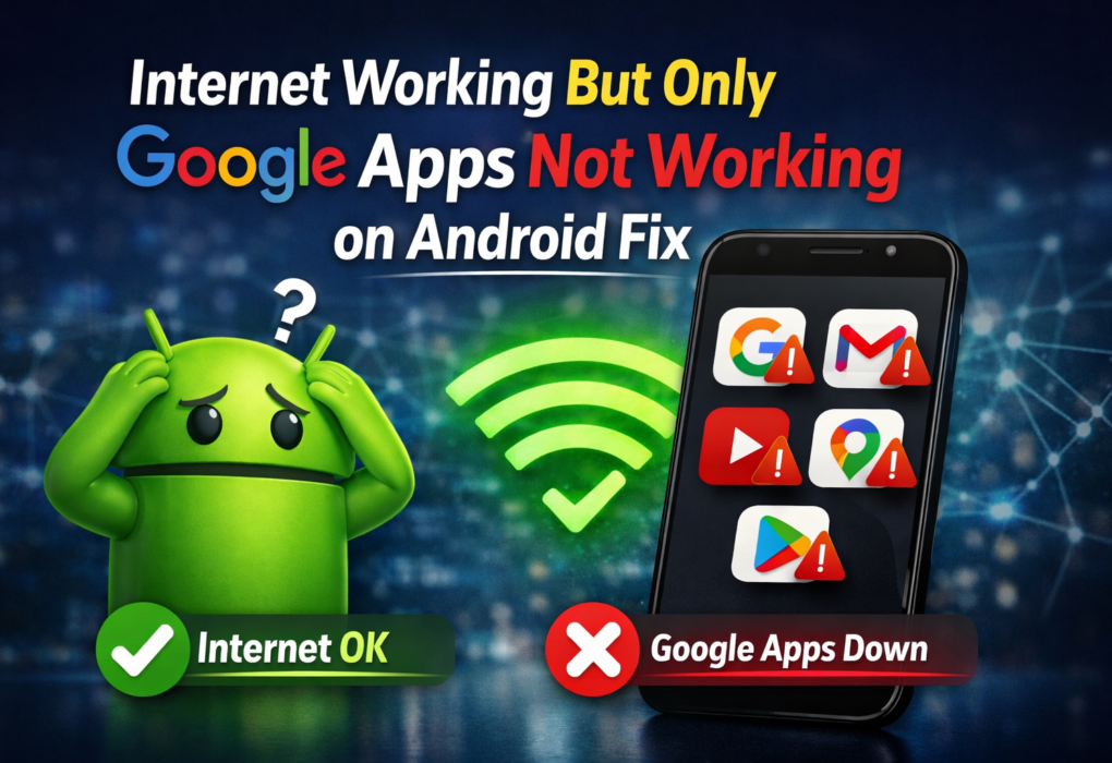 Internet working but only Google apps not working on Android fix image showing phone with Google apps error and WiFi working