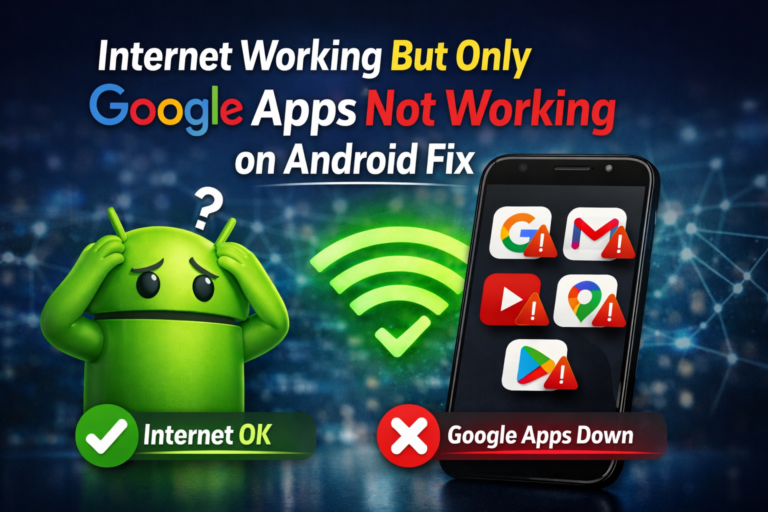 Internet working but only Google apps not working on Android fix image showing phone with Google apps error and WiFi working