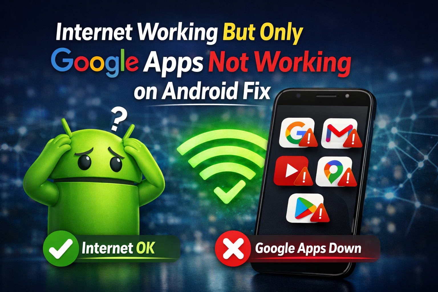 Internet working but only Google apps not working on Android fix image showing phone with Google apps error and WiFi working